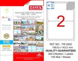 Tanex A4 Lazer Etiket TW-2002 199,6x143,5 mm 100'lü Paket