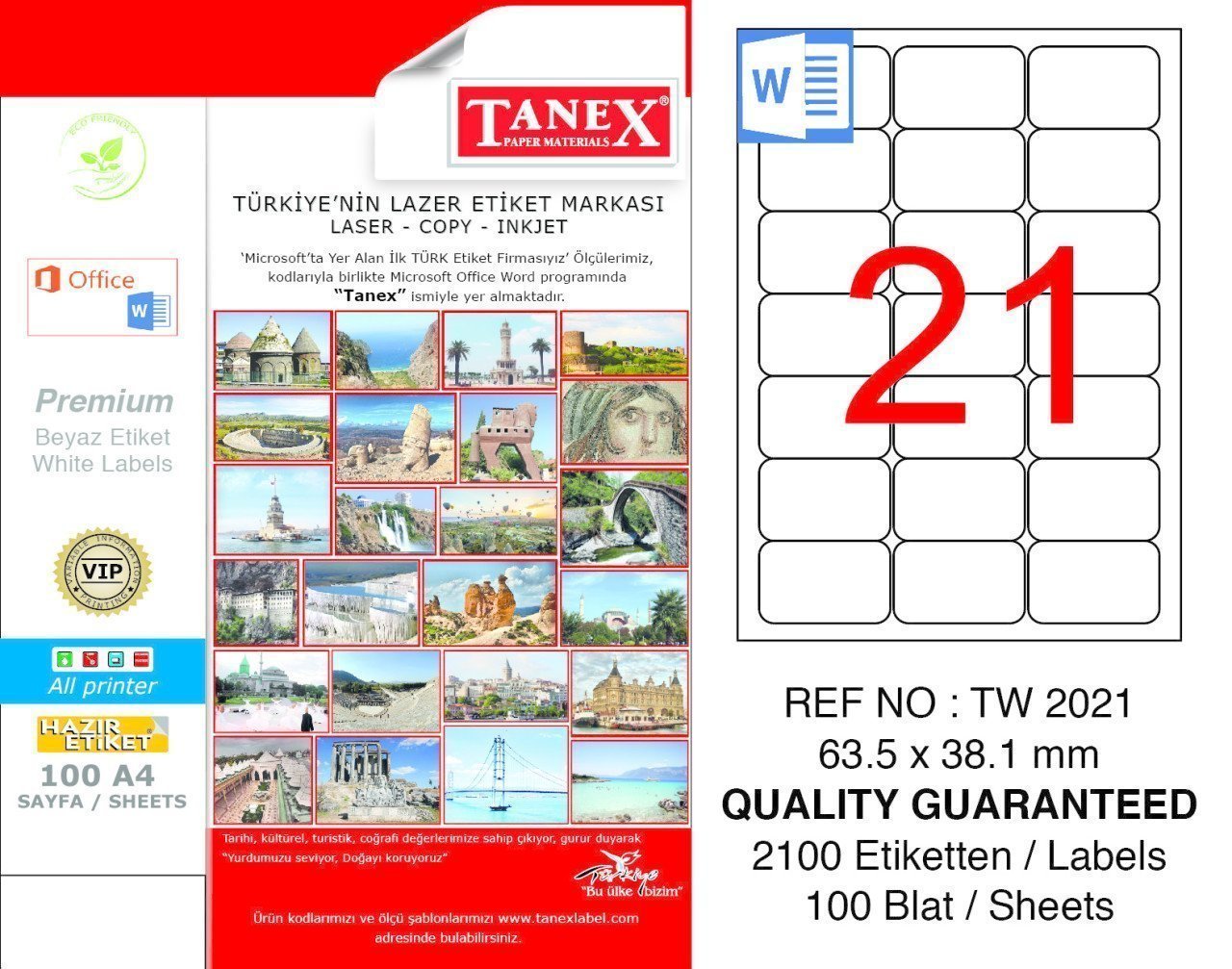 Tanex A4 Lazer Etiket TW-2021 63,5x38,1 mm 100'lü Paket