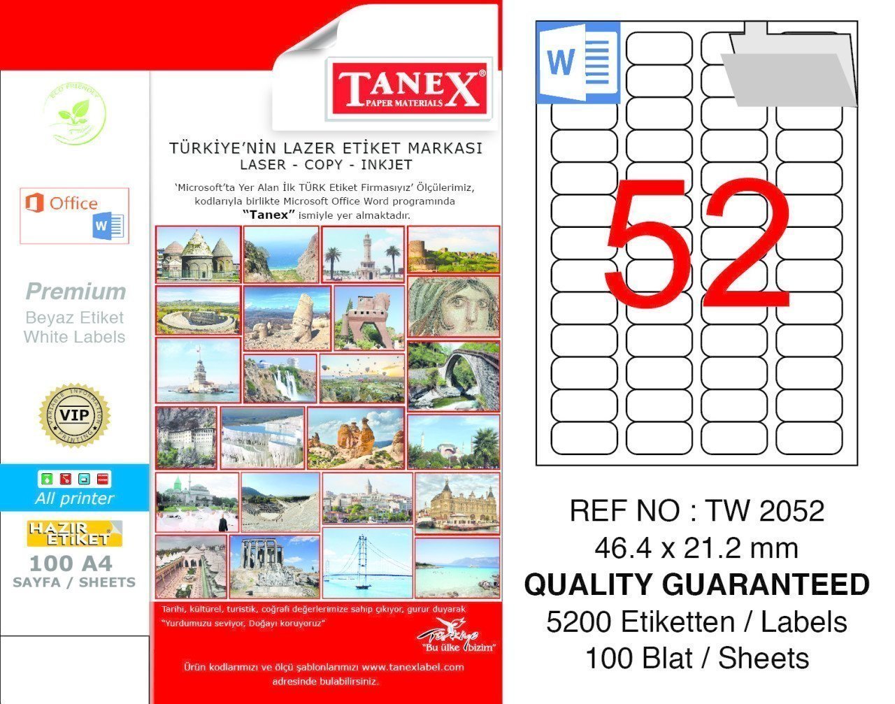 Tanex A4 Lazer Etiket TW-2052 46,4x21,2 mm 100'lü Paket