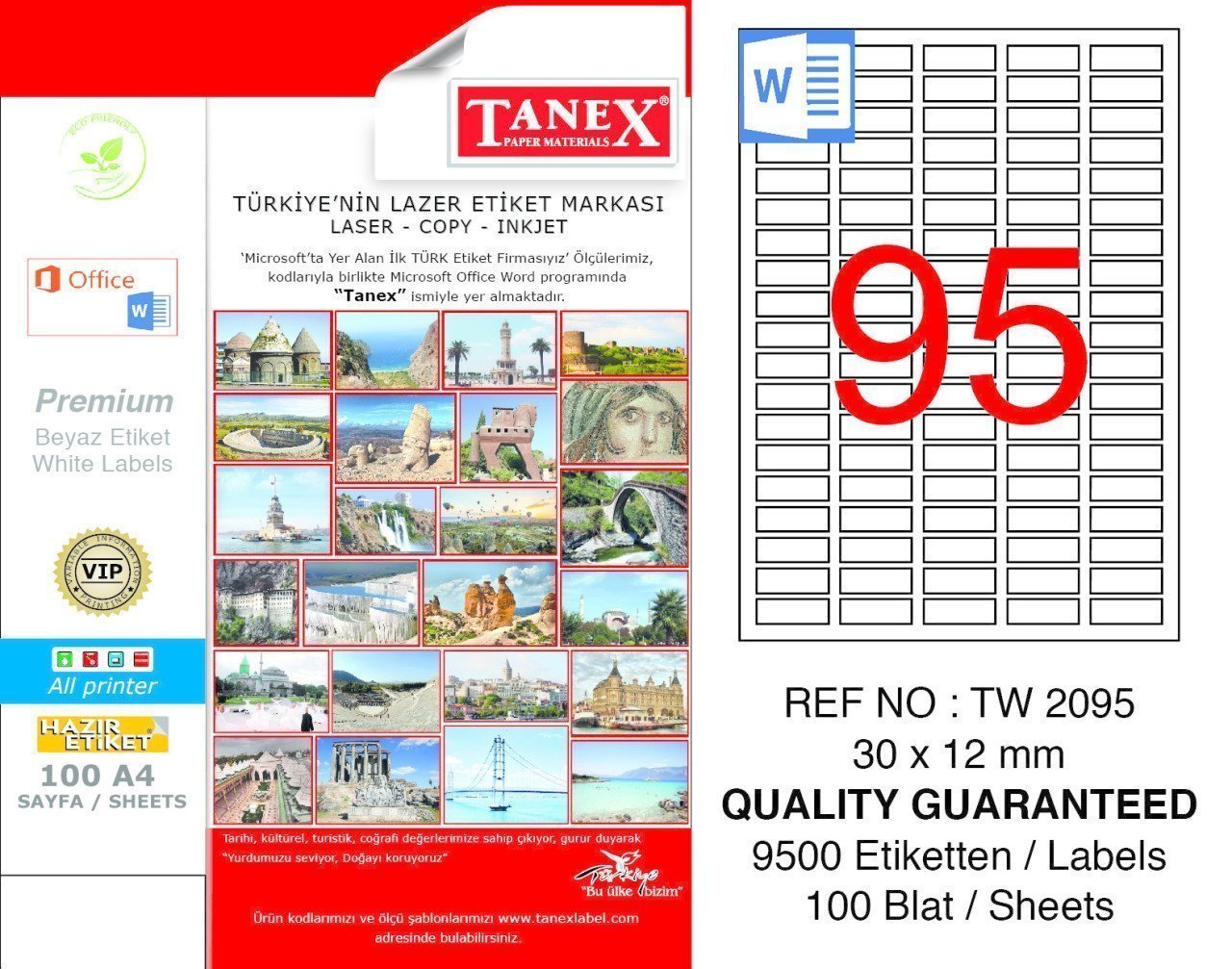 Tanex A4 Lazer Etiket TW-2095 30x12 mm 100'lü Paket