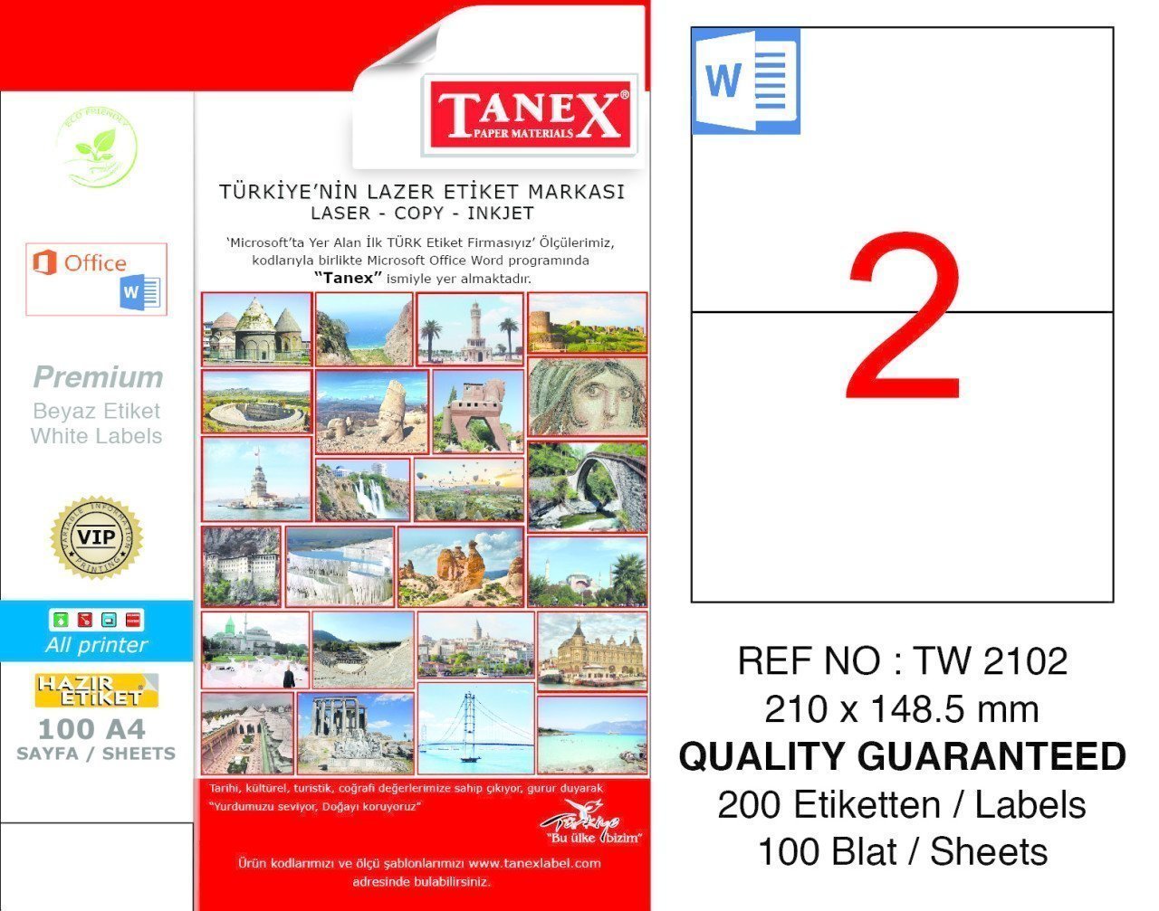 Tanex A4 Lazer Etiket TW-2102 210x148,5 mm 100'lü Paket