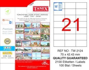Tanex A4 Lazer Etiket TW-2124 70x42,43 mm 100'lü Paket