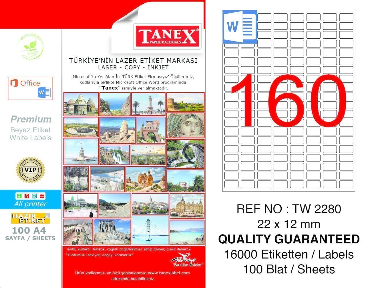 Tanex A4 Lazer Etiket TW-2280 22x12 mm 100'lü Paket