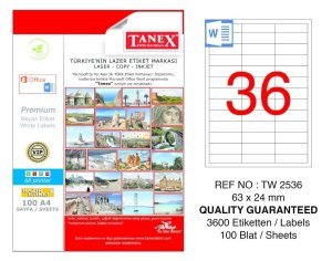 Tanex A4 Lazer Etiket TW-2536 63x24 mm 100'lü Paket