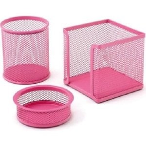 Lacco Metal File Masa Seti Kalemlik+Ataşlık+Kağıtlık Pembe