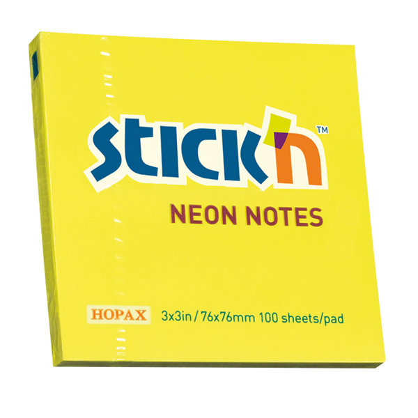Hopax Stick'n 76x76 Yapışkanlı Not Kağıdı Neon Sarı 100yp