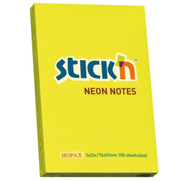 Hopax Stick'n 76x51 Yapışkanlı Not Kağıdı Neon Sarı 100yp